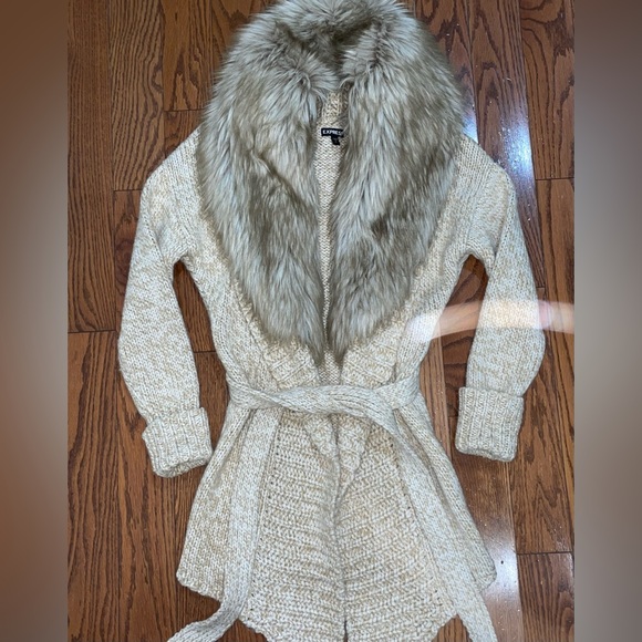 Express Sweaters - Express Beige Cardigan with Faux Fur Collar